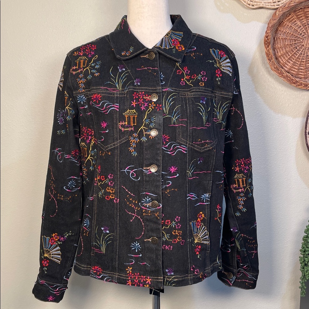 Vintage GW Jeans Company Asian Floral Embroidery Jean Jacket Black Denim Large